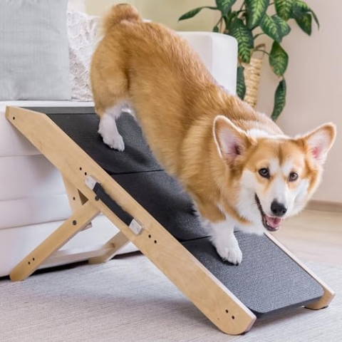 Hundetreppe für Bett & Sofa 2-in-1 Hundetreppe/Rampe - höhenverstellbare Hunderampe für Couch 18-50 cm - Hundetreppe für kleine Hunde - leicht zu bewegen Haustiertreppe mit Absatzplattform, Natur