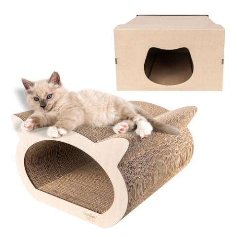 Creative Pets Katzen Kratzbrett | Kratzpappe verstärkt mit Sperrholz | Natürliche Kratzbretter | Robuste Kratzmöbel Katze | 2in1 Kratzbaum + Katzenhaus | Hochwertige Pappe | Groß 37 x 36 x 23 cm