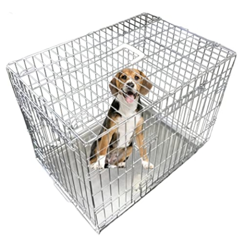 Ellie-Bo Hundekäfig, für kleine bis große Hunde, zusammenklappbar, Metall-Bodenschale lässt sich herausnehmen, aber nicht zerbeißen, 2 silberne Türen, mittelgroß mit ca. 76 cm, silberfarben