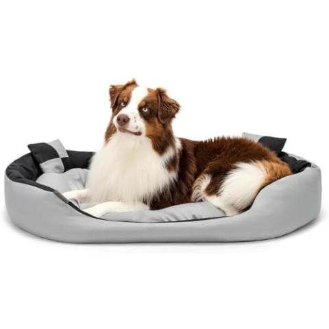 lionto Hundebett 4-in-1 mit Wendekissen aus robustem Oxford, 110x80 cm, Heimtierkissen Kratzfest mit tiefem Einstieg für Katzen und Hunde Aller Größen, inkl. Zierkissen, wasserabweisend, grau/schwarz