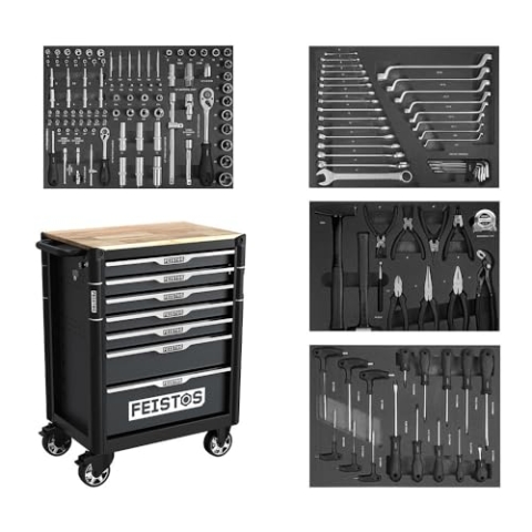 FEISTOS Werkzeugwagen Mento 2 | Werkstattwagen bestückt mit 158 Teilen | Schwarz | 73x48x98 cm | Modular & abschließbar