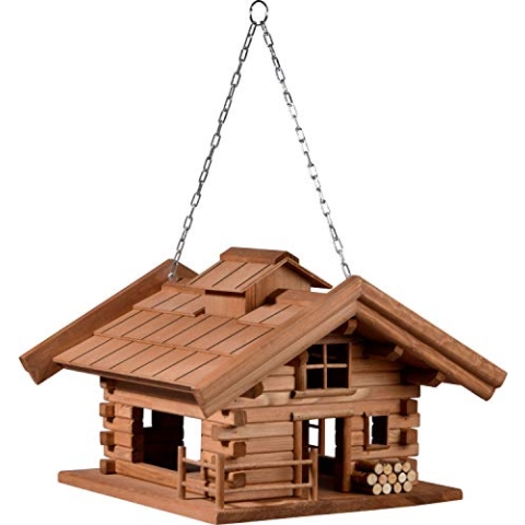 dobar® Green Label 98732FSCe Design Vogelfutterhaus St. Moritz hängend - Vogelhaus Hüttendesign - Vogelvilla Massivholz - Vogelfutterstation inklusive Kette zum Hängen - 37 x 37 x 26 cm - Braun