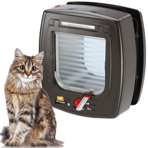 Ferplast Katzenklappe mit chiperkennung, Katzentür 4-wege steuerbarer Ein- und Ausgang, mit Schutz vor Zugluft, inkl. Katzenhalsband mit Mikrochip, SWING MICROCHIP Klein, Mikrochip katzenklappe, Braun