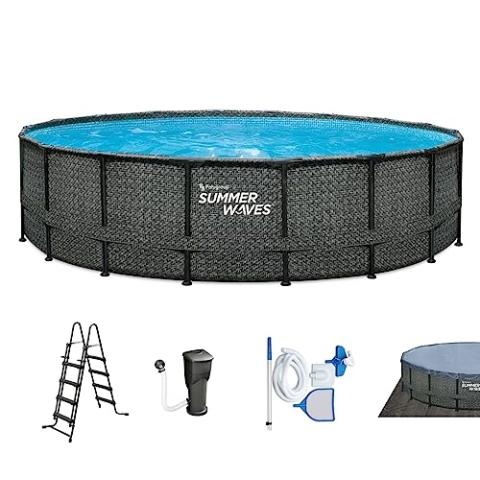 Summer Waves Frame Pool Komplettset | Rund 549x132 cm Rattan Optik Grau | Aufstellpool Set | Gartenpool & Schwimmbecken inkl. Filterpumpe, Bodenvlies, Abdeckplane & Einstiegsleiter