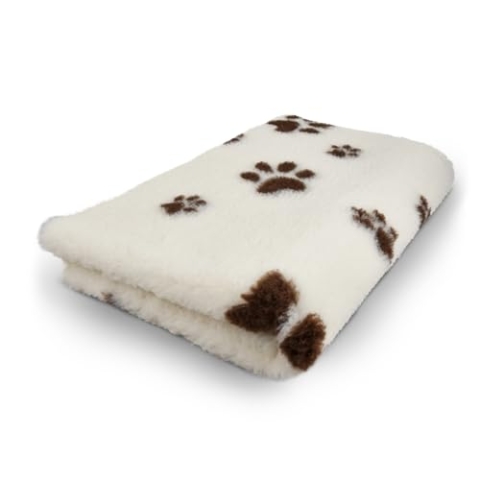 Vetbed Creme mit braunen Fußabdruckpfoten – rutschfeste Hundematte, Welpenteppich – Hundeteppich, Bankteppich, Bankmatte, Tiermatte – für Wurfkiste und Hundebox – maschinenwaschbar, 150 x 100 cm