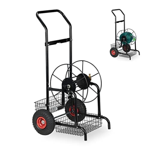 Relaxdays Schlauchwagen, bis 45 m, 2 Luftreifen, Klickkupplung, Schlauchtrommel Metall, Schlauchabroller Garten, schwarz