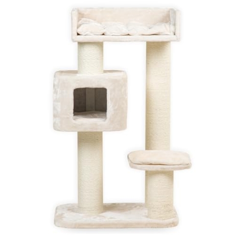 RHRQuality Kratzbaum für große Katzen – Devon Rex – 120 cm hoch – mit 15 cm Sisalstämmen & Spielhaus – Creme