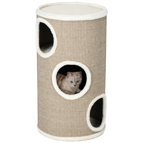 PawHut Kratztonne 70 cm Hoch Ø 38 cm dreistöckige Katzentonne mit Plüschrand, Katzenhöhle, Kratzbaum für kleine Katzen, Braun