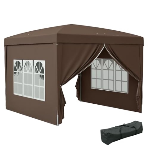 Outsunny Pavillon ca.3x3m, wasserabweisend Stabil Winterfest Pop-up Faltpavillon, UV Schutz 50+, Faltbar Partyzelt Gartenzelt mit 4 Seitenteilen Tasche Gartenpavillon für Camping Garten, Kaffee