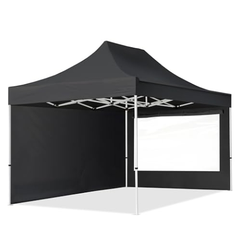 TOOLPORT 3x4,5m Faltpavillon Pavillon Partyzelt Gazebo Stahl 30mm, 2 Seitenteile, Panoramafenster, schwarz