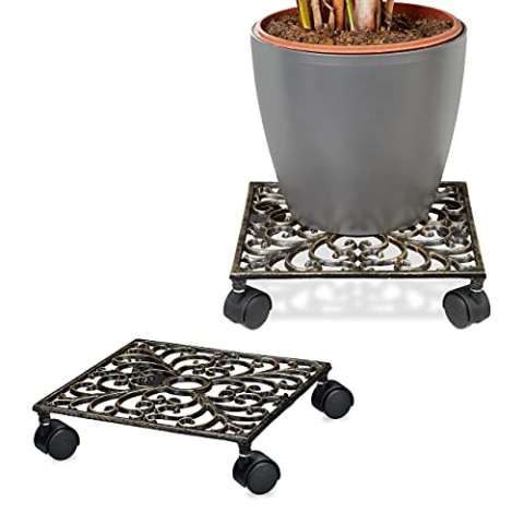 2 x Pflanzenroller Gusseisen, quadratisch, 27,5 x 27,5 cm, Blumentopfuntersetzer, 4 Rollen, stabil, Blumenroller, Bronze