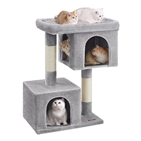 Feandrea Kratzbaum, 101 cm Katzenbaum, XL, Katzenhaus für extra große Katzen bis zu 20 kg, große Plattform, 2 Katzenhöhlen, Sisalstämme, hellgrau PCT614W01