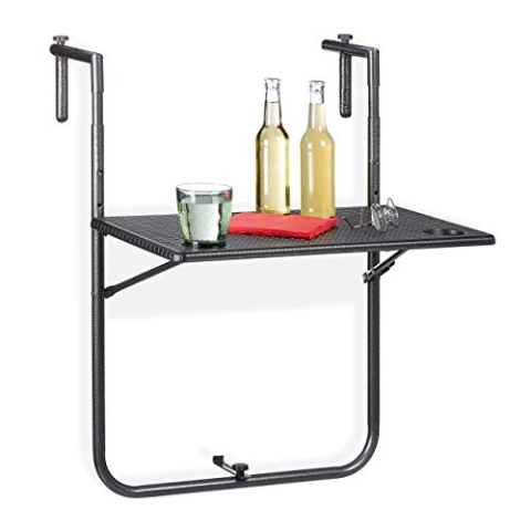 Relaxdays Balkonhängetisch klappbar, 3-Fach höhenverstellbar, Rattan-Optik, wetterfest, Tisch BxT 59,5 x 36 cm, schwarz