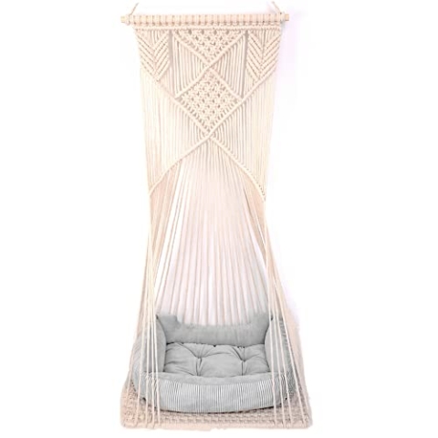 Sdjazl Doralus Katzenbett/Katzenhängematte aus Makramee, Katzenschaukel, hängendes Katzenhaus, Katzenspielzeug, Baumwollseil mit Quaste, Wandteppich, Hängematte und Kissen, Beige