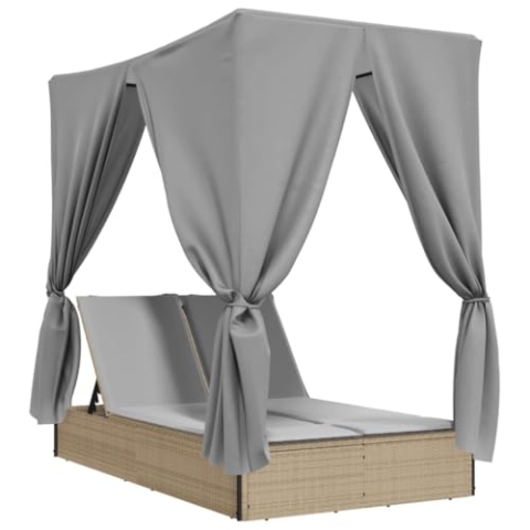 vidaXL Sonnenliege, Doppelliege mit Dach Vorhängen, Gartenliege Verstellbare Rückenlehne, Relaxliege Liege Gartenmöbel, Beige Poly Rattan