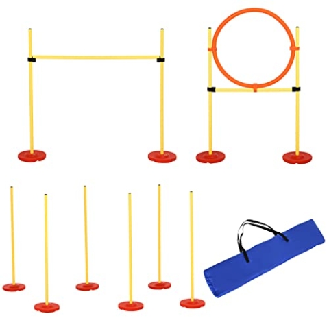 PawHut Agility Set Hunde 3-teiliges Agility-Ausrüstung für Hundetraining Steckhürdenset mit 6 Slalomstangen höhenverstellbar Hürden Sprungreifen Tragetasche Agilityset für Spiele Training