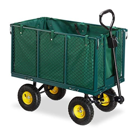 Relaxdays Gartenwagen, großer Bollerwagen mit klappabren Seitenteilen, herausnehmbare Plane mit Griffen, bis 500kg, grün, 83 x 51 x 113 cm