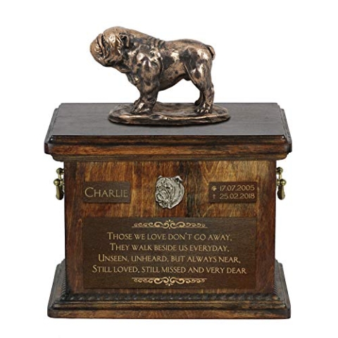Art-Dog Custom Dog Sitzender Hund Statue Gedenkurne - Handgefertigte Kaltguss-Bronze auf Birke Basis - Urne für die Asche des Hundes - 8.3x11.4x8.7-5l - Englische Bulldogge