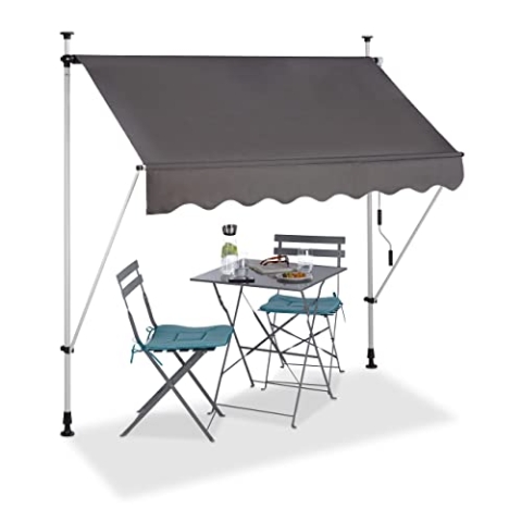 Relaxdays Klemmmarkise Balkon, Handkurbel, höhenverstellbar, UV-beständig, ohne Bohren, Polyester, 200 cm breit, grau