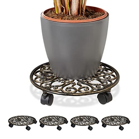 5 x Pflanzenroller Gusseisen, rund, Ø 33,5 cm, Blumentopfuntersetzer, 4 Rollen, stabil, wetterfest, Blumenroller, Bronze