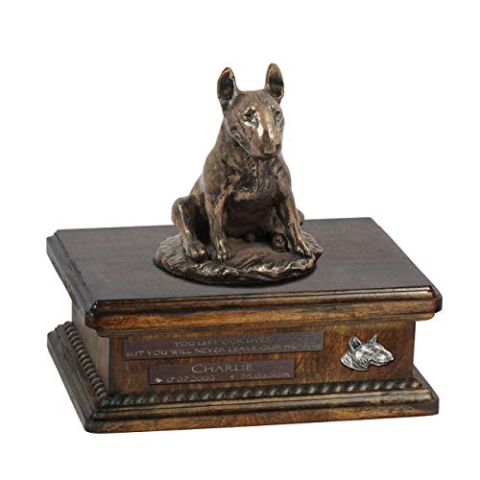 Art-Dog Custom Dog Sitting Statue Memorial Urn - Handmade Cold Cast Bronze on Birch Base – Sturdy and Stylish Urn for Dog’s Ashes – 8.3x11.4x8.7 – 5l – Bullterrier IX