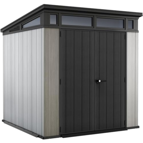 Keter Artisan 7x7 Gerätehaus – Wetterfestes Gartenhaus mit Boden, Pultdach, Doppeltüren & Fenster, Ideal für Outdoor-Aufbewahrung, 214x218x226cm, 8,3 m³, grau