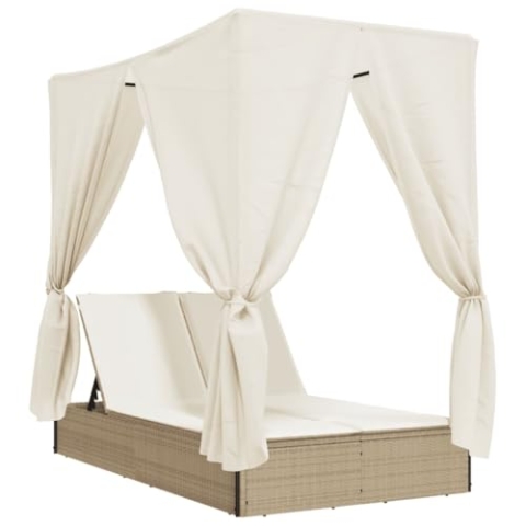 vidaXL Sonnenliege, Doppelliege mit Dach Vorhängen, Gartenliege Verstellbare Rückenlehne, Relaxliege Liege Gartenmöbel, Beige Poly Rattan