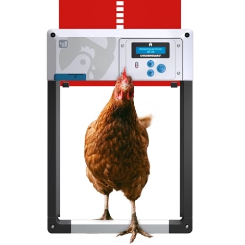 Hühnerklappe Automatisch ChickenGuard All-in-One, Hühnerstalltürfarben in Vier Farben, Timer/Lichtsensor, Auto-Stop, Raubtiersicher, Wintermodus-Power-Boost, Batterien Enthalten (Rot + Batterien)