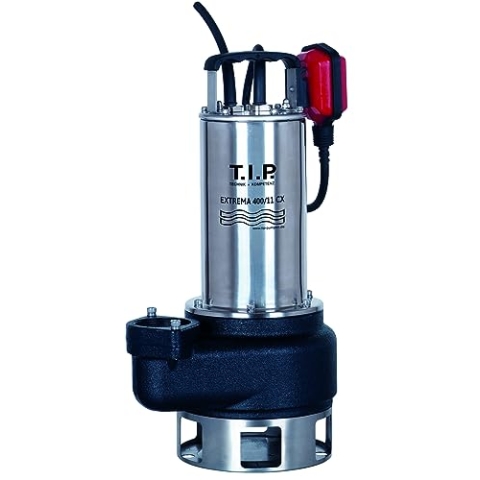 T.I.P. Schmutzwasser Tauchpumpe - Baupumpe Edelstahl (24.000l/h Fördermenge, 11m Förderhöhe, 1,1bar Druck, 1.500W, 40mm Korngröße, Guss Pumpengehäuse, Flüssigkeit bis 95°C) Extrema 400/11 CX, 30168