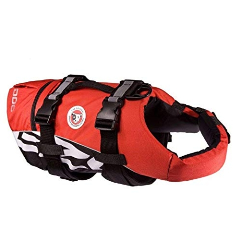 EzyDog DFD Schwimmweste Hund - Hundeschwimmweste - Schwimmwesten für Hunde - Größenverstellbar mit Griff und Reflektoren (L, Rot)
