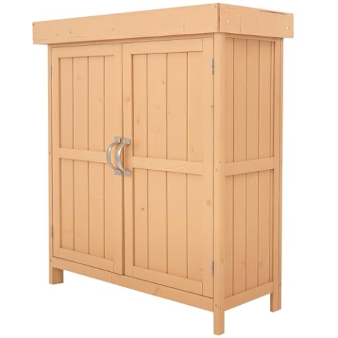 Outsunny Gartenschrank Tannenholz, Geräteschuppen wetterfest 74x43x88cm, Gerätehaus mit Doppeltür, 2 Fächern, Geräteschrank, Gartenhaus Werkzeugschrank Gartenschuppen für Garten, Terrasse, Natur