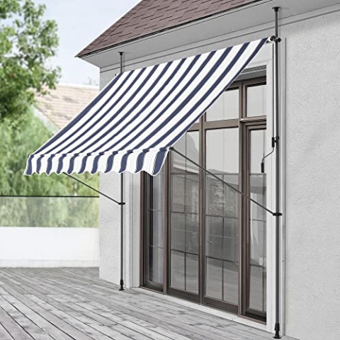 pro.tec Klemmmarkise Stem Markise ohne Bohren 150 x 120 x 220-309 cm Balkonmarkise mit Handkurbel Sonnenschutz Stahlgestell Dunkelblau/Weiß