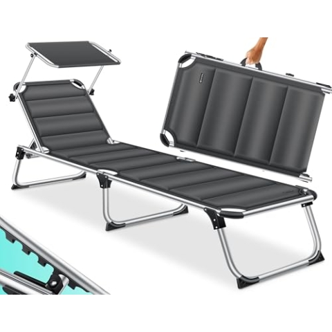 KESSER® Sonnenliege Sun mit Dach Gartenliege Liegestuhl klappbar Sonnendach Verstellbarer Rückenlehne, ergonomisch gepolsterter Liegefläche Aluminium Liege Gartenstuhl tragbar Strandliege, Anthrazit