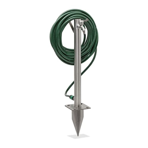 Relaxdays Wasserzapfstelle, mit Erdspieß & Schlauchhalter, HBT: 66x29x15 cm, Garten Wassersäule, rund, Edelstahl, silber