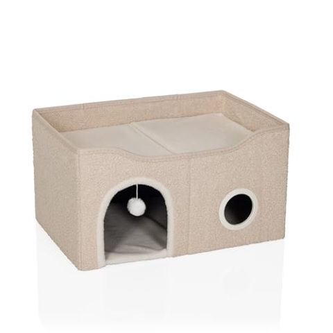 hjh LIVING Faltbares Katzenhaus Indoor, 62x41x33 cm PAWY EB Katzenhöhle mit Kratzbrett und Spielball, große Liegefläche, Beige