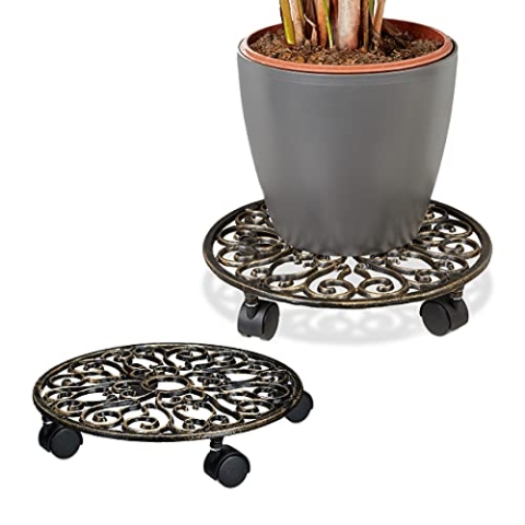 2 x Pflanzenroller Gusseisen, rund, Ø 33,5 cm, Blumentopfuntersetzer, 4 Rollen, stabil, wetterfest, Blumenroller, Bronze