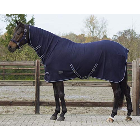 QHP Fleecedecke Abschwitzdecke Basic mit Halsteil Kreuzgurte blau (145 cm)