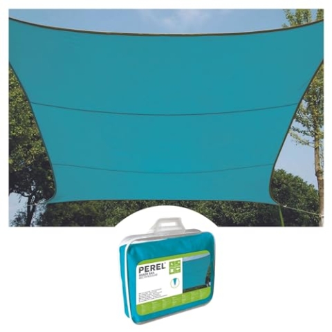 Perel Sonnensegel, Segel Sonnenschutz für Terrasse und Pool, wasserabweisend, UV-Schutz, 4 Edelstahl-O-Ringe, 3.6 x 3.6 m, 160 g/m², Polyester, quadratisch, himmelblau