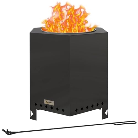 Outsunny Feuerschale, rauchfreier Tischfeuer, Feuerstelle mit Schürhaken, Feuerkorb für Garten, Camping, Terrasse, Metall, Schwarz