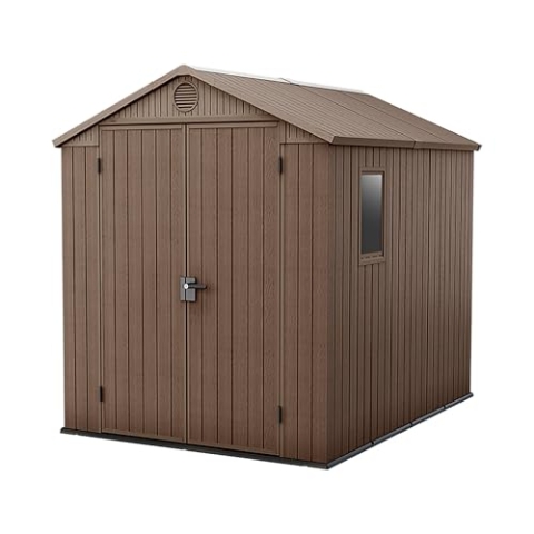 Keter Gerätehaus Darwin 6x8, Braun, Außenmaße 190x244x221cm, wartungsfrei, wetterfest, wasserdicht, mit Unterboden