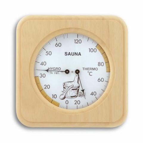 TFA Dostmann Analoges Sauna-Thermo-Hygrometer, mit Holzrahmen, Temperatur, Luftfeuchtigkeit, hitzebeständig