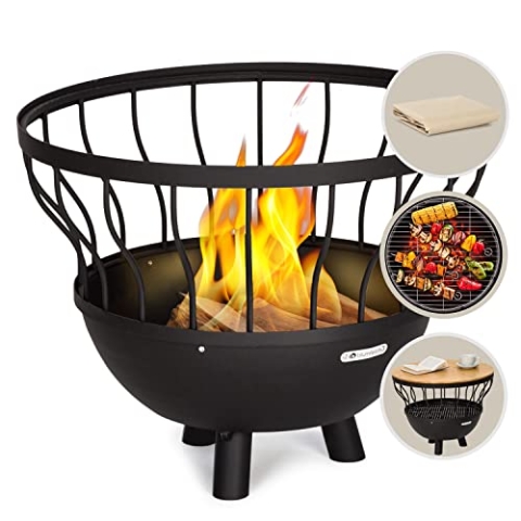 Blumfeldt Feuerschale für den Garten, Feuerschale mit Grillrost & Bambusdeckel für Feuerschale, Stahl Feuerschalen Klein, Wetterfeste Feuerstelle mit Grill, Kleine Feuerschale mit Grillring, 63cm Hoch