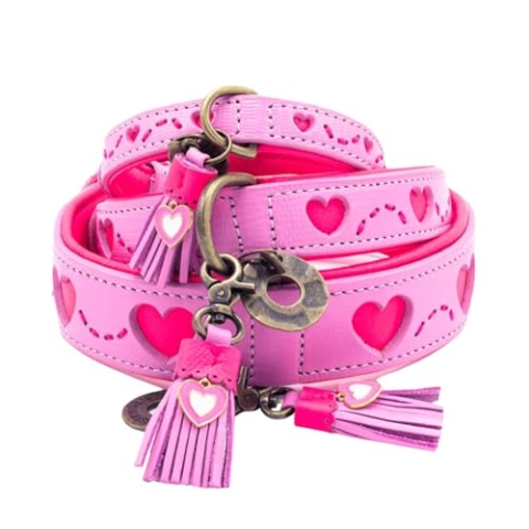 Dog with a Mission - Hundehalsband XS | Rosa Pink mit Herzen | Boho und Hippie | Ideal für kleine Hunde | Handgemacht | Modisch und Bunt | Aus weichem Echtes Leder | 2 cm Breit