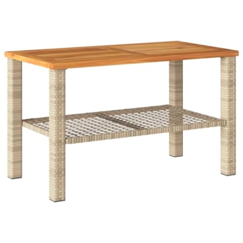 vidaXL Gartentisch, Beistelltisch für Garten Terrasse, Couchtisch mit Holzplatte, Balkontisch Kaffeetisch Gartenmöbel, Beige Poly Rattan Akazienholz