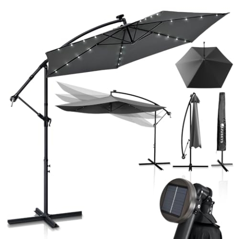 Juskys Ampelschirm Brazil 350 cm LED Beleuchtung Solar & Kurbel - UV-Schutz wasserabweisend knickbar - Hülle - Sonnenschirm Marktschirm grau