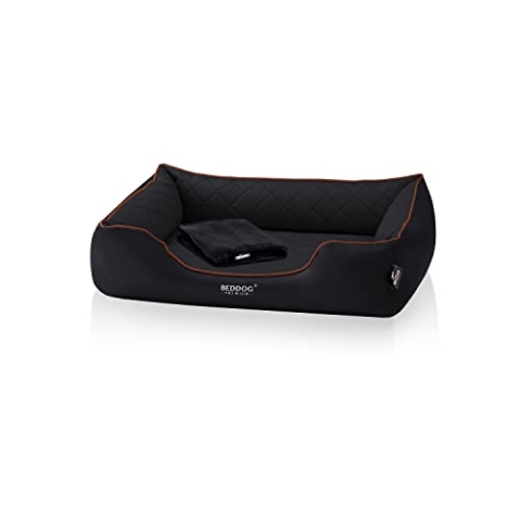 BedDog Premium Orthopädisches Hundebett Buffy, Hundesofa aus Kunstleder, Abnehmbarer Bezug, Kuschel-Decke Zugabe - Black (schwarz)