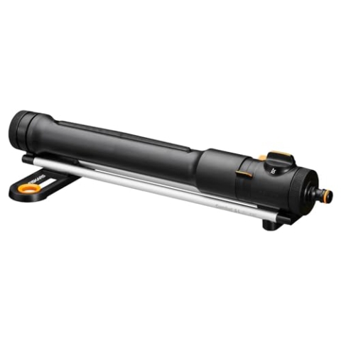 Fiskars Comfort Oszillierender Regner S–L, Inkl. herausnehmbarem Filter und Werkzeug zur Düsenreinigung, Sprinkler für 300-500 m², Schwarz/Orange, 1070833