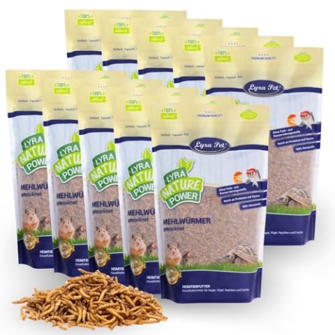 Lyra Pet® | 10 x 1 kg Mehlwürmer getrocknet | Proteinreiches Vogelfutter | Für Wildvögel, Nager, Reptilien & Fische | Nahrhaftes Futter | Energiespender für Insektenfresser | Vitamine & Mineralstoffe
