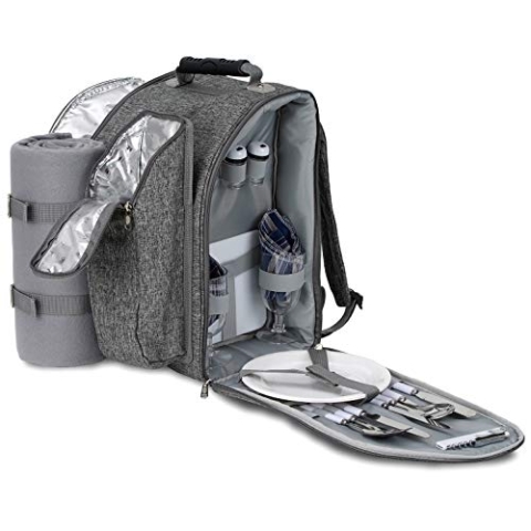 BRUBAKER Picknickrucksack für 2 Personen Grau 28 × 40 × 22 cm - mit Kühlfach, Iso-Flaschenhalter und Fleece-Decke mit wasserdichter Unterseite