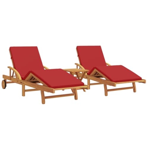 vidaXL Sonnenliegen Set (2 Stück) mit Kissen und Tisch, rotes Akazienholz, Faltbare Sonnenliege mit Rädern & Kissen, rotes Akazienholz